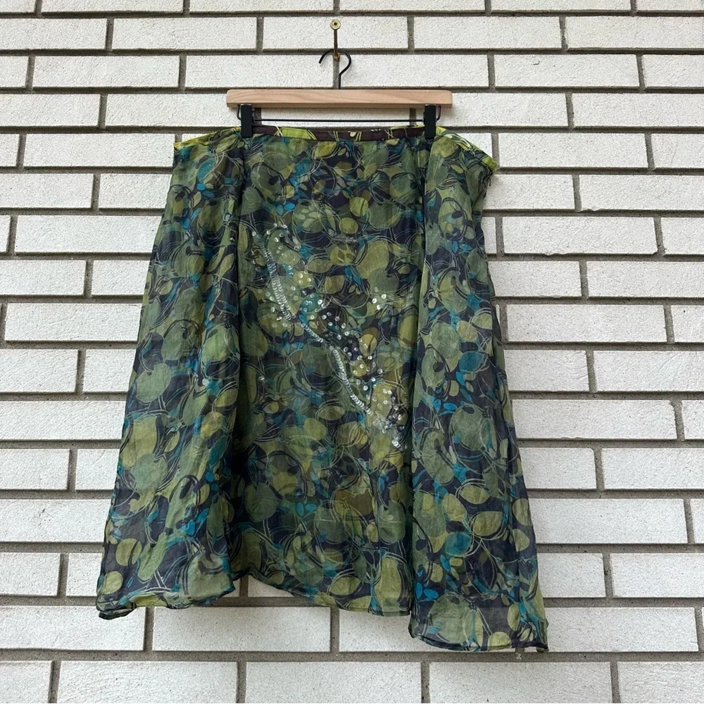 Ideology Silk Overlay‎ Beaded Sequin Skirt Abstract Green Blue Print 22W